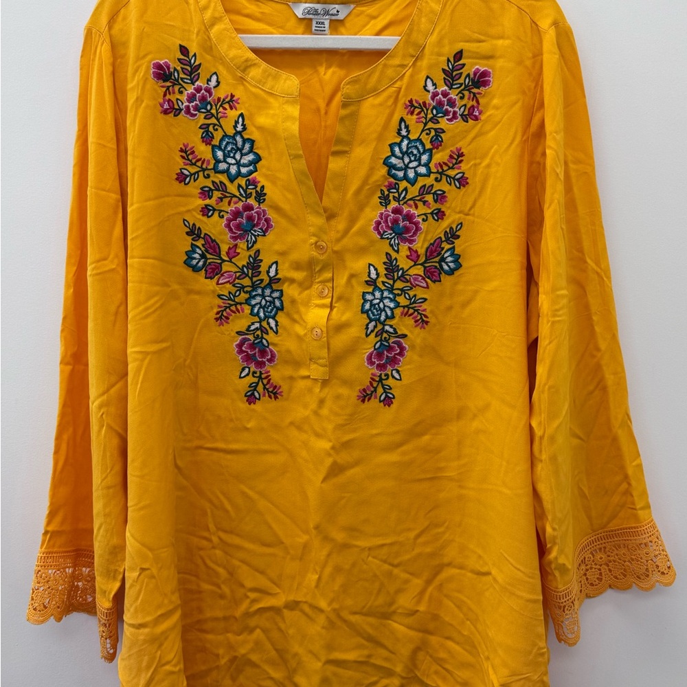 The Pioneer Woman Yellow Floral Embroidered Tunic Size XXXL